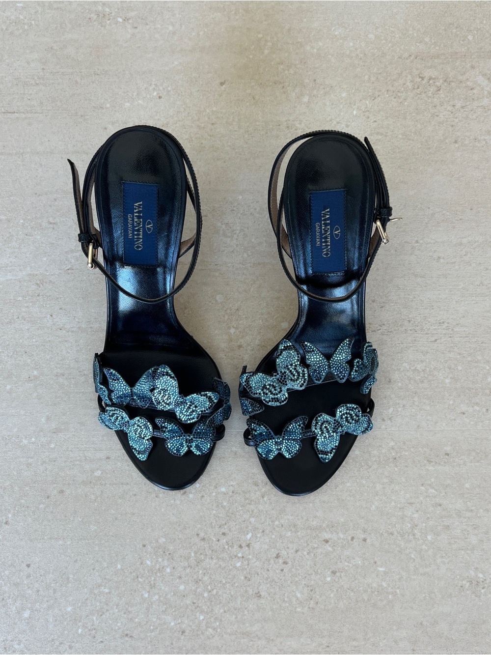 Valentino Black Leather Ankle-Strap Sandals with Crystal Butterflies